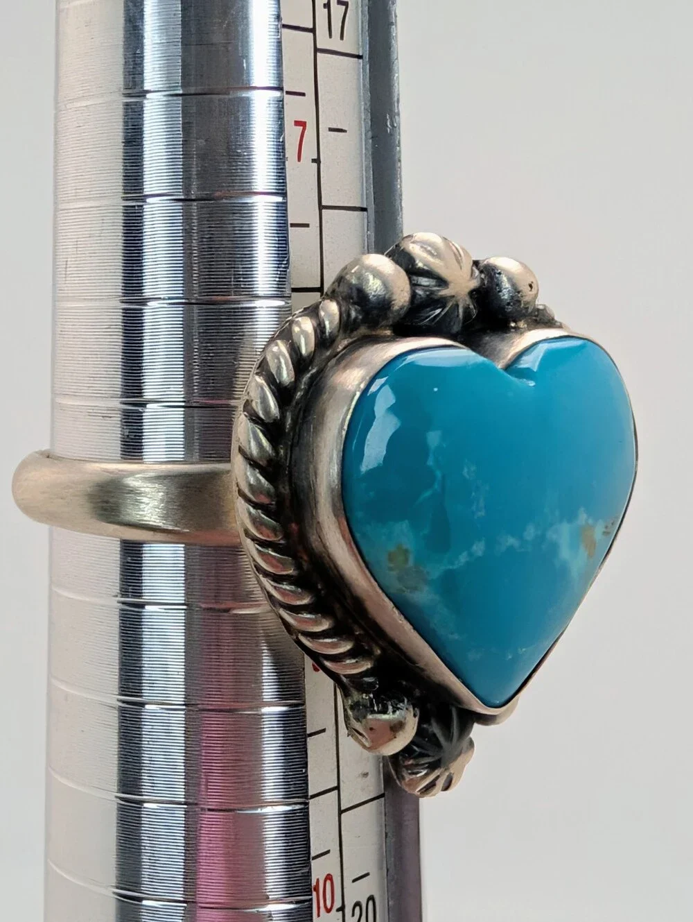 Kingman Turquoise Native Signed Adjustable Heart Ring S925 Sterling Silver